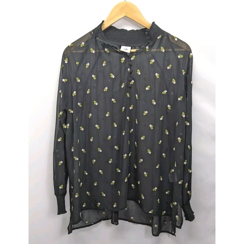 CAbi Size S Embroidered Blouse black W flower sheer Office Career Flowy Women #2